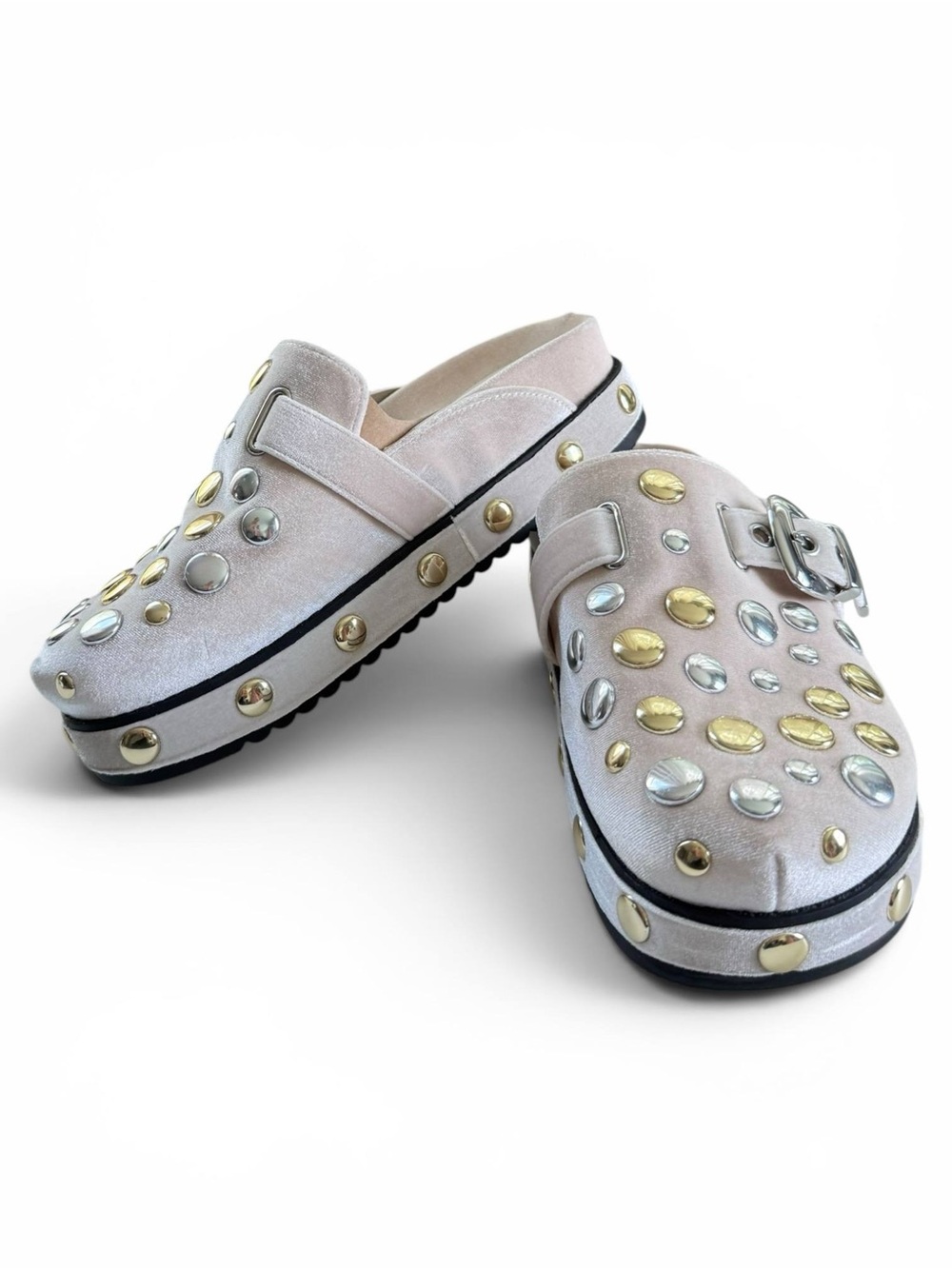 Gianni Bini Women Cream Studded Clog Mule Gold Silver Stud Buckle Size 6 NWT - Picture 5 of 8